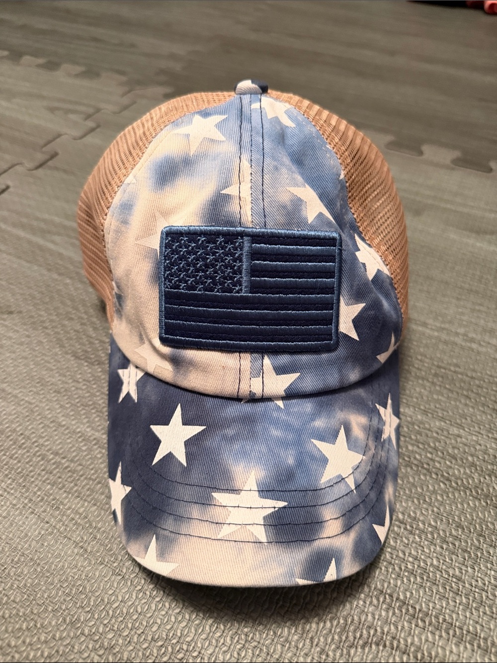 Women Blue Star Print Hat with Flag Patch